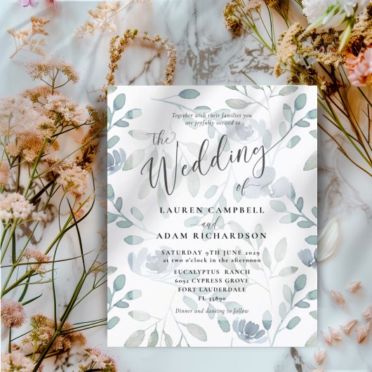 Budget Floral Blue Eucalyptus Wedding Einladung