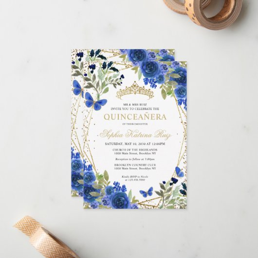 Budget Floral Blue Gold Tiara Quinceañera Einladun Mitteilungskarte (Vorderseite/Rückseite Beispiel)
