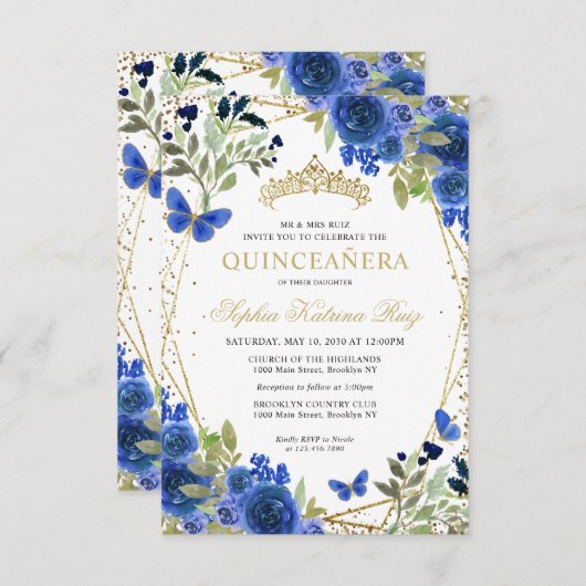 Budget Floral Blue Gold Tiara Quinceañera Einladun Mitteilungskarte (Vorne/Hinten)