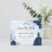 Budget Floral Blue Grau Quinceanera Save the Date (Stehend Vorderseite)