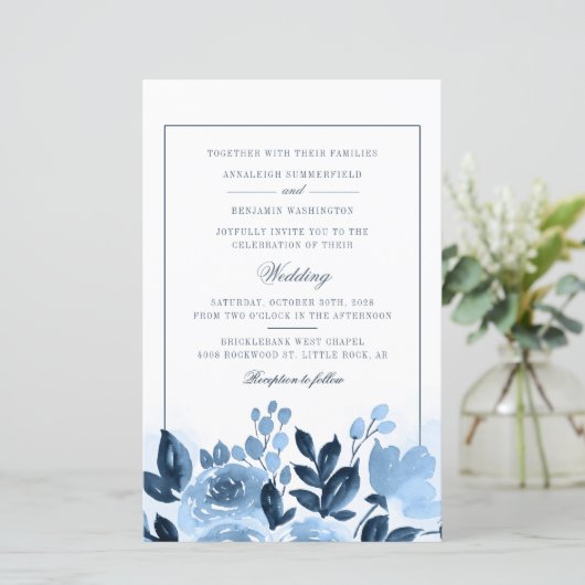 Budget Floral Blue Watercolor Script Hochzeit (Stehend Vorderseite)