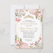 Budget Floral Blush Gold Tiara Quinceañera Einladu Mitteilungskarte (Vorderseite)
