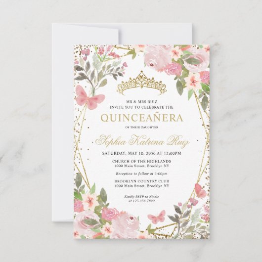 Budget Floral Blush Gold Tiara Quinceañera Einladu Mitteilungskarte (Vorderseite)