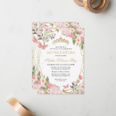 Budget Floral Blush Gold Tiara Quinceañera Einladu Mitteilungskarte (Vorderseite/Rückseite Beispiel)