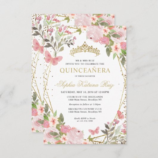 Budget Floral Blush Gold Tiara Quinceañera Einladu Mitteilungskarte (Vorne/Hinten)