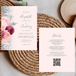 Budget Floral Blush Silver Glitzer QR Code Hochzei