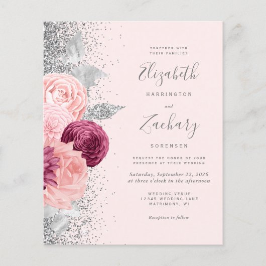 Budget Floral Blush Silver Glitzer QR Code Hochzei (Vorderseite)