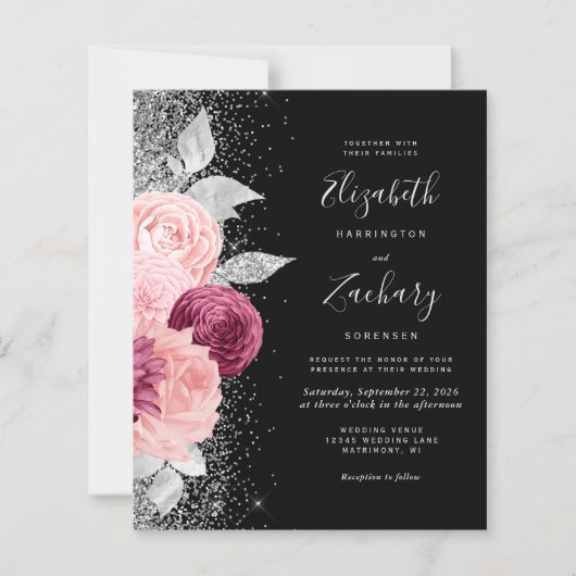 Budget Floral Blush Silver QR Code Hochzeit (Vorderseite)
