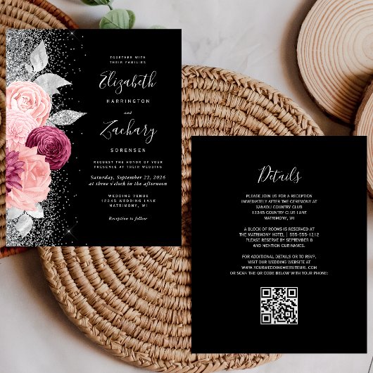 Budget Floral Blush Silver QR Code Hochzeit