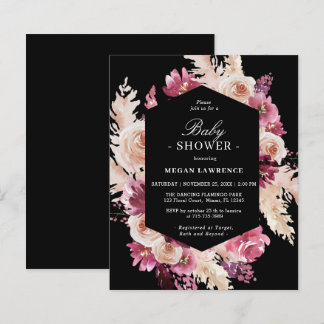 Budget Floral Boho Babydusche Schwarze Einladung