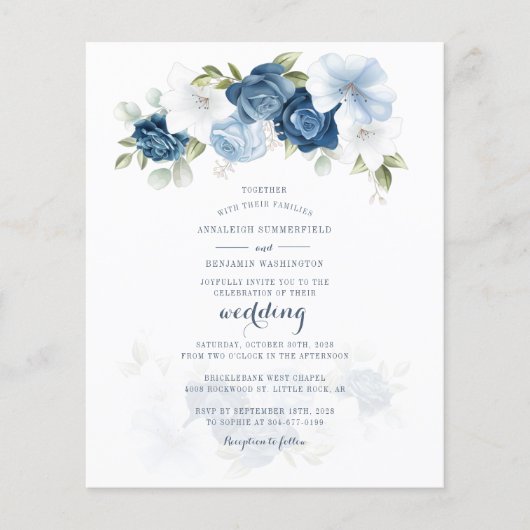 Budget Floral Botanical Dusty Blue Wedite Einladun (Vorderseite)