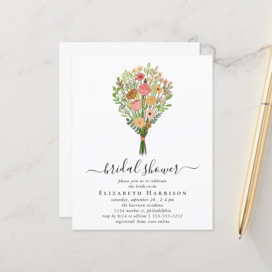 Budget Floral Bouquet Bridal Dusche Einladung (Vorderseite/Rückseite Beispiel)
