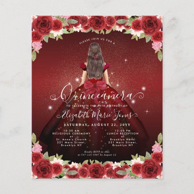 Budget Floral Burgundy Gold Princess Quinceanera (Vorderseite)