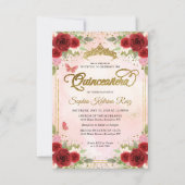 Budget Floral Burgundy Pink Gold Crown Quinceañera Mitteilungskarte (Vorderseite)