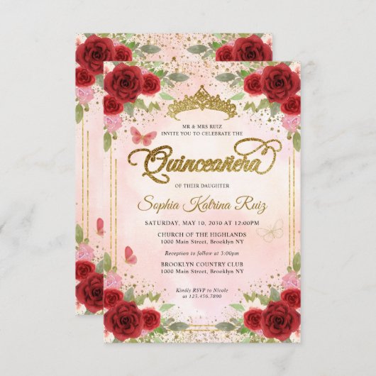 Budget Floral Burgundy Pink Gold Crown Quinceañera Mitteilungskarte (Vorne/Hinten)