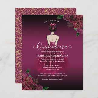Budget Floral Burgundy Princess Gold Quinceañera