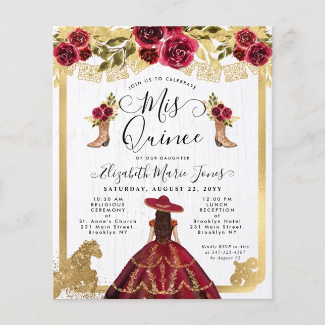 Budget Floral Burgundy Red Gold Charra Quinceanera (Vorderseite)