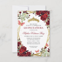 Budget Floral Burgundy Red Gold Tiara Quinceañera