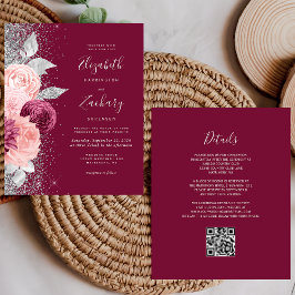 Budget Floral Burgundy Silver QR Code Hochzeit
