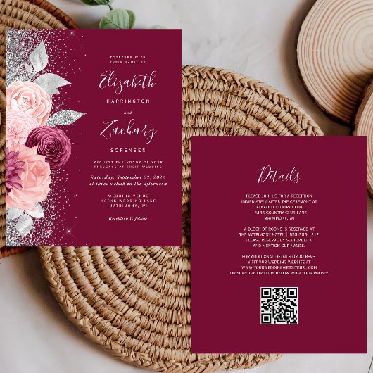 Budget Floral Burgundy Silver QR Code Hochzeit