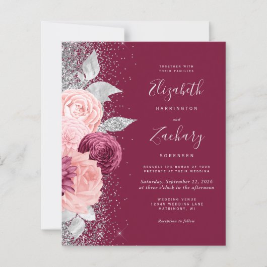 Budget Floral Burgundy Silver QR Code Hochzeit (Vorderseite)