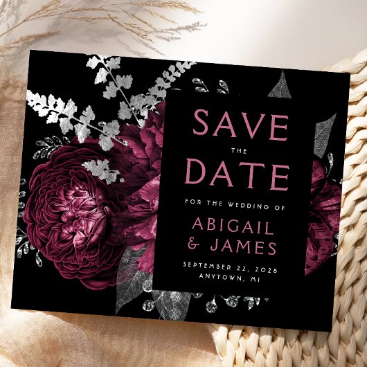 Budget Floral Burgundy Silver Save the Date