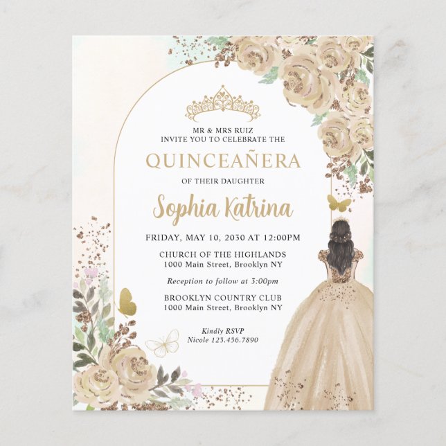 Budget Floral Champagne Gold Princess Quinceanera (Vorderseite)