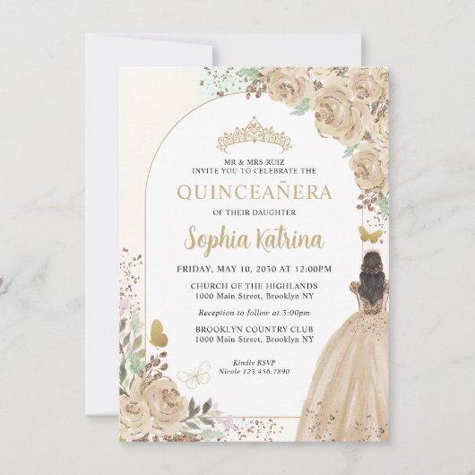 Budget Floral Champagne Gold Princess Quinceanera Mitteilungskarte (Vorderseite)