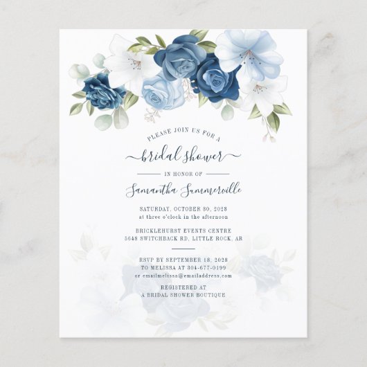 Budget Floral Dusty Blue Bridal Dusche Einladung (Vorderseite)
