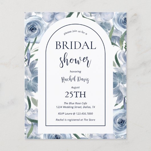 Budget Floral Dusty Blue Bridal Dusche Einladung Flyer (Vorne)