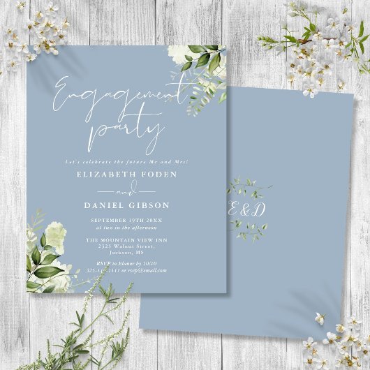 Budget Floral Dusty Blue Engagement Party einladen