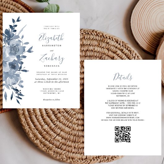 Budget Floral Dusty Blue QR Code Hochzeit einladen