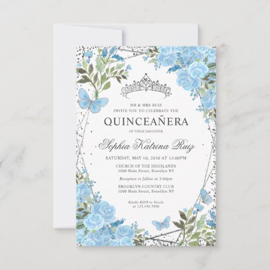 Budget Floral Dusty Blue Silver Tiara Quinceañera Mitteilungskarte (Vorderseite)