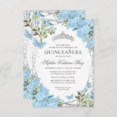 Budget Floral Dusty Blue Silver Tiara Quinceañera Mitteilungskarte (Vorne/Hinten)