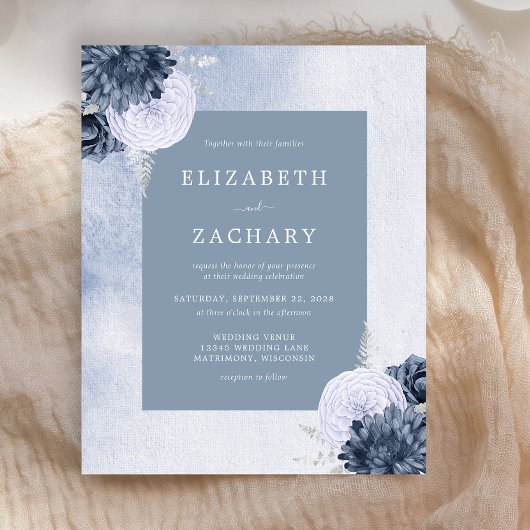 Budget Floral Dusty Blue Silver Wedding Einladung