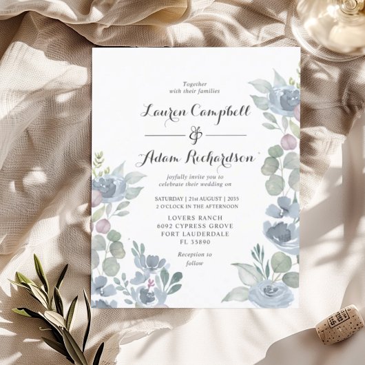 Budget Floral Dusty Blue Wedding Einladung