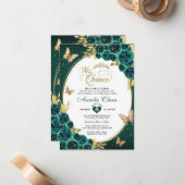 BUDGET Floral Emerald Gold Butterfly Quinceañera Mitteilungskarte (Vorderseite/Rückseite Beispiel)