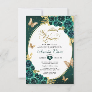 BUDGET Floral Emerald Gold Butterfly Quinceañera Mitteilungskarte