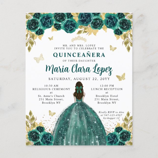 Budget Floral Emerald Gold Princess Quinceanera (Vorderseite)