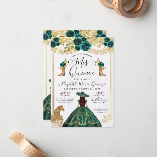 Budget Floral Emerald Green Charra Quinceanera Mitteilungskarte (Vorderseite/Rückseite Beispiel)