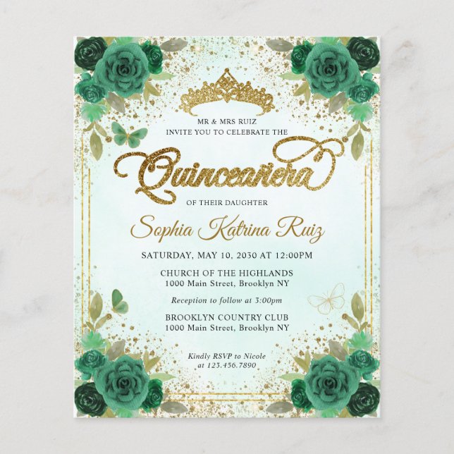 Budget Floral Emerald Green Glam Gold Quinceañera (Vorderseite)