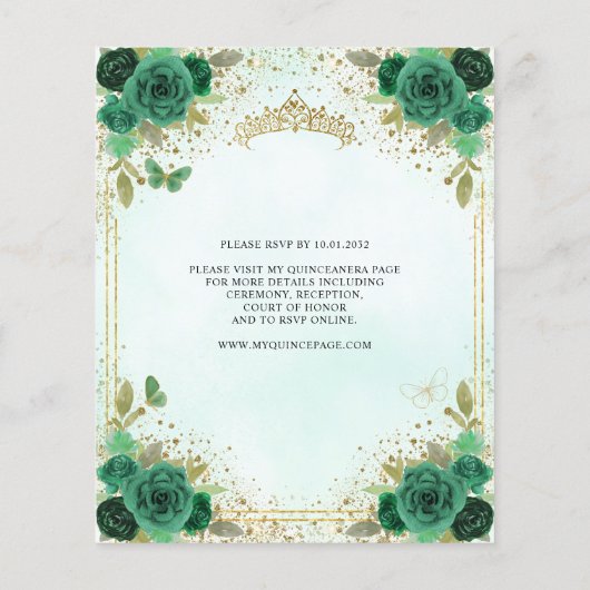 Budget Floral Emerald Green Glam Gold Quinceañera Flyer (Hinten)