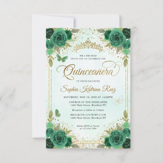 Budget Floral Emerald Green Glam Gold Quinceañera Mitteilungskarte (Vorderseite)