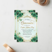 Budget Floral Emerald Green Glam Gold Quinceañera Mitteilungskarte (Vorderseite/Rückseite Beispiel)