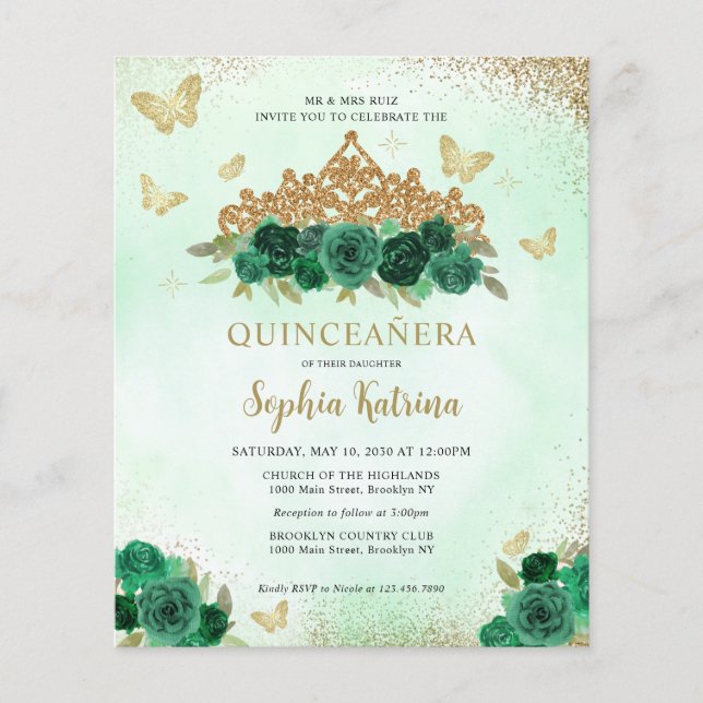 Budget Floral Emerald Green Gold Tiara Quinceañera (Vorderseite)
