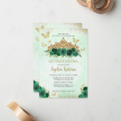 Budget Floral Emerald Green Gold Tiara Quinceañera Mitteilungskarte (Vorderseite/Rückseite Beispiel)