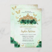 Budget Floral Emerald Green Gold Tiara Quinceañera Mitteilungskarte (Vorne/Hinten)