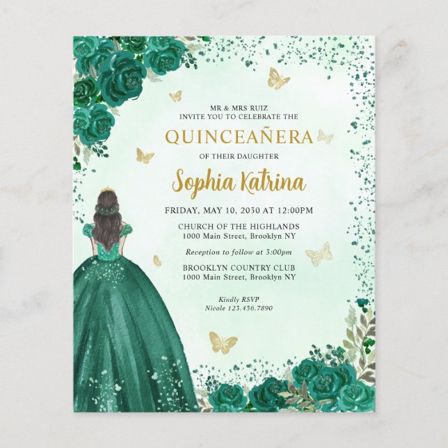Budget Floral Emerald Green Princess Quinceanera (Vorderseite)