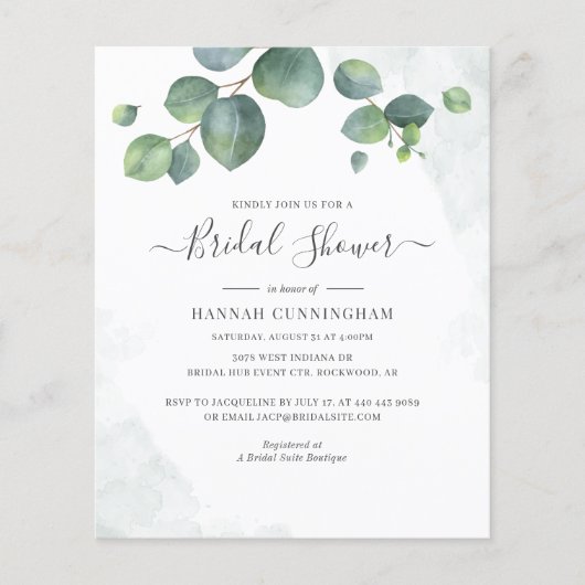 Budget Floral Eukalyptus Script-Brautparty (Vorderseite)