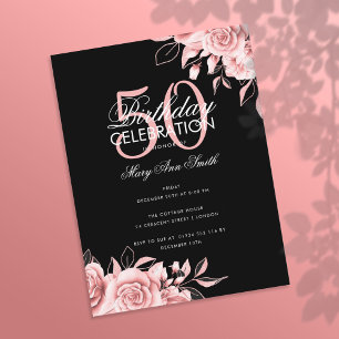 Budget Floral Geburtstagsparty Rose Gold & Black Postkarte